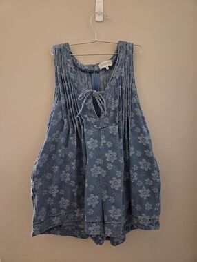 Light Denim Floral Romper with Pintuck Front